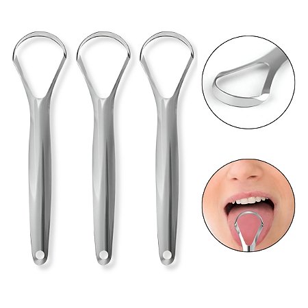 Kit 3 Raspador Língua Inox Ferramenta Higiene Limpeza Bucal