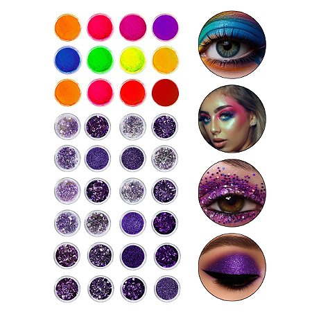 Kit 24 Glitter Roxo + 12 Sombra Maquiagem Artística Colorida