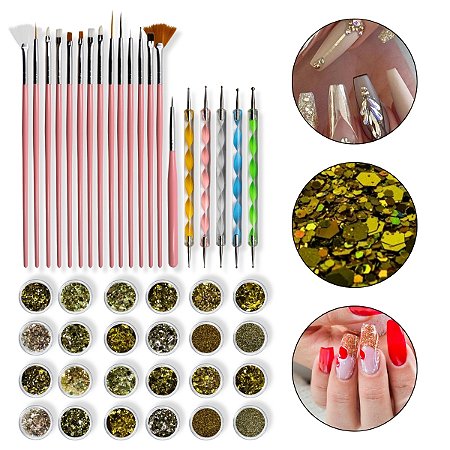 Kit 15 Pincéis + 5 Boleador Duas Pontas + 24 Glitter Dourado
