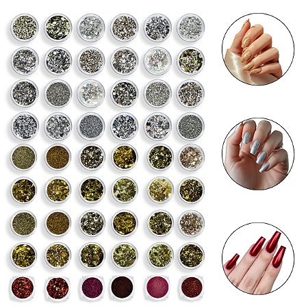 Kit 54 Glitter Pó Cromo Decorar Unhas Dourado Prata Vermelho