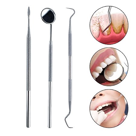 Kit 3 Instrumentos Limpeza Dental Removedor Tártaro Espelho