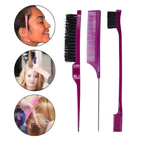 Kit 3 Pente Escova Baby Hair Finalização Cabelo Penteado