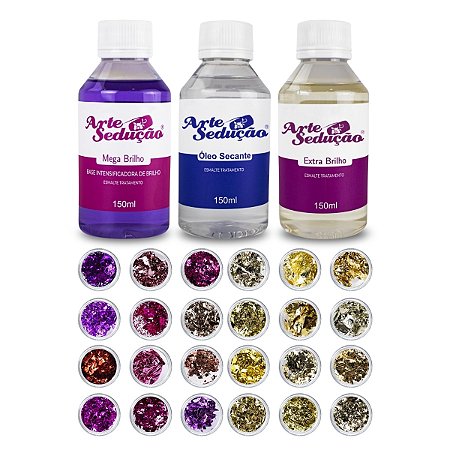 Kit Extra+ Mega Brilho + Óleo Secante 150ml + 24 Folhas Ouro