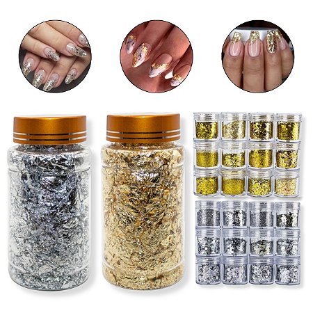 Kit 24 Glitters Flocado + 2 Potes Grandes Folha Ouro Prata