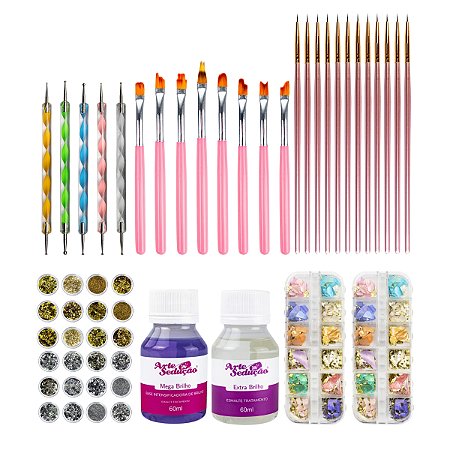 Kit Completo Decoração Unha Pincel Glitter Base Extra Brilho