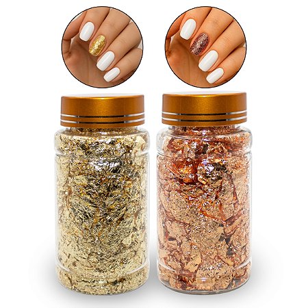 Kit 2 Potes Folha de Ouro Dourado e Bronze Rosé Nail Art