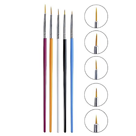 Kit 5 Pincéis Coloridos Ponta Fina Nail Art Make Delineado