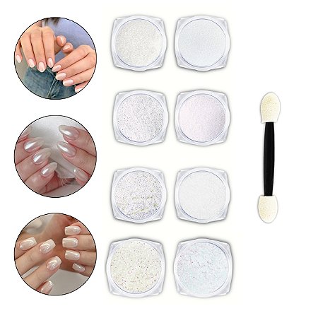Kit 8 Pó Aurora Branco Furta Cor Unhas Nail Art + Pincéis