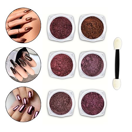 Kit 6 Pó Cromado Espelhado Nail Art Vinho Marrom + 3 Pincéis