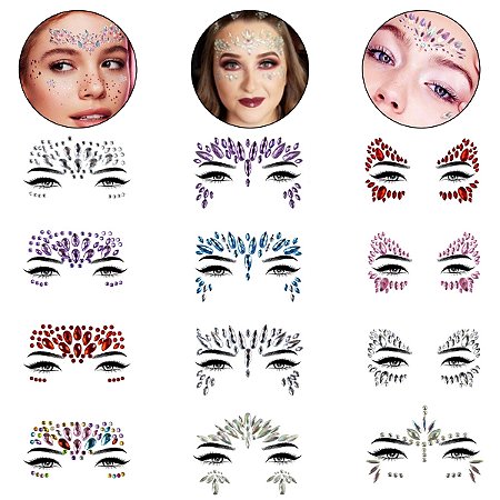 Kit 12 Adesivos de Rosto Pedraria Carnaval Fantasia Festa