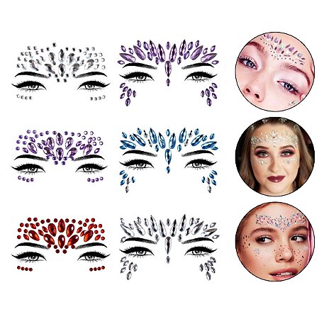 Kit 6 Adesivos de Rosto Pedraria Carnaval Fantasia Festa