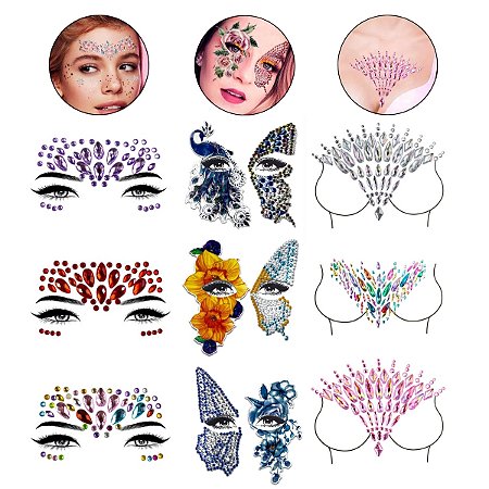 Kit 9 Adesivos Pedraria Strass Colorido Colo Rosto Carnaval