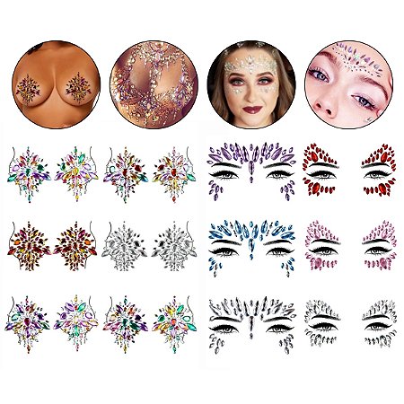 Kit 6 Adesivo de Rosto + 6 Pares Adesivo Seio Carnaval Festa