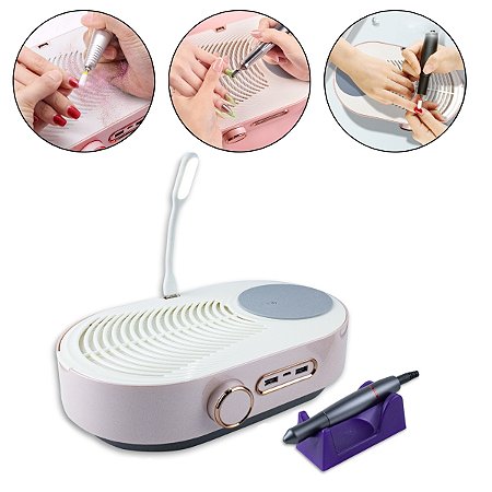Lixadeira Coletor Pó Unhas Recarregável Luz LED 3 em 1, Rosa