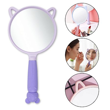 Espelho de Mão Redondo Portátil Maquiagem Orelhas Gatinho
