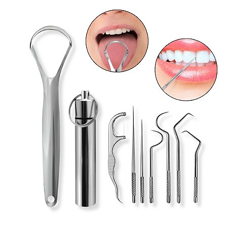 Kit 7 Instrumentos Inox Dental Tártaro + 1 Raspador Língua