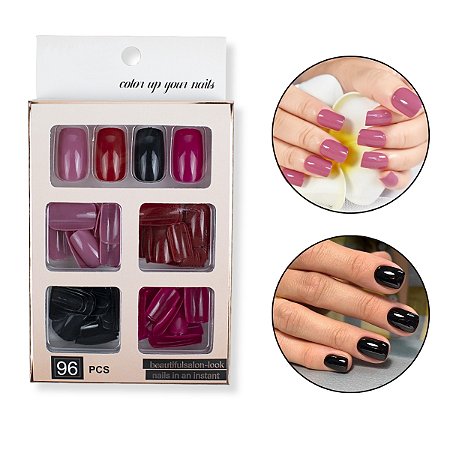 Kit 96 Unhas Postiças Quadrada Colorida Vermelho Preto Rosa