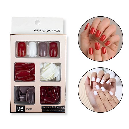 Kit 96 Unhas Postiças Quadrada Colorida Vermelho Branco Roxo