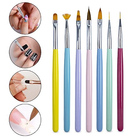Kit 7 Pincéis Unhas Nail Art Ponta Fina Leque Língua de Gato
