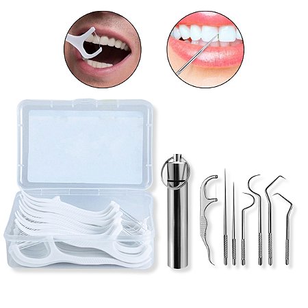 Kit 7 Instrumentos Inox Remove Tártaro + 50 Fio Dental Cabo
