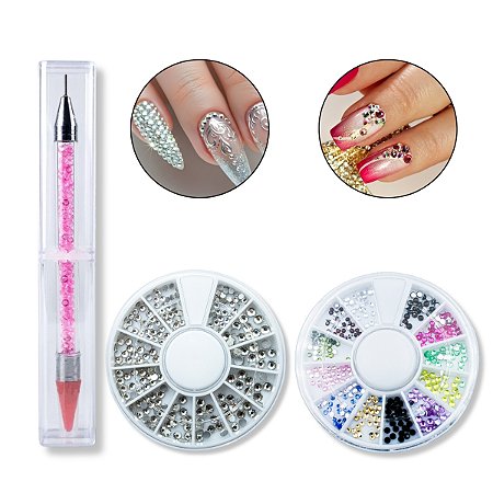 Kit Caneta Pega Strass + Disco Strass Colorido + Disco Prata