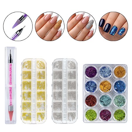 Kit Pincel Pega Strass + Strass Prata e Dourado + 12 Glitter