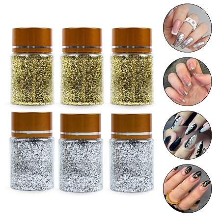 Kit 6 Potes Folhas de Ouro Picada 3 Prata + 3 Dourado Unhas