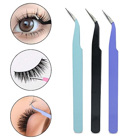 Kit 3 Pinça de Precisão Ponta Curvada Para Extensão Cílios