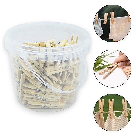 Kit 96 Prendedores Roupa de Madeira Grande 7cm + Balde Tampa