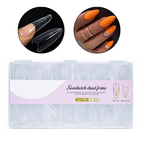 Kit 120 Molde F1 Sanduíche Unhas de Gel Almond 15 Tamanhos