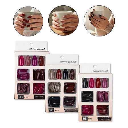 Kit 288 Unhas Postiças Inteiras Almond Coloridas Alongamento