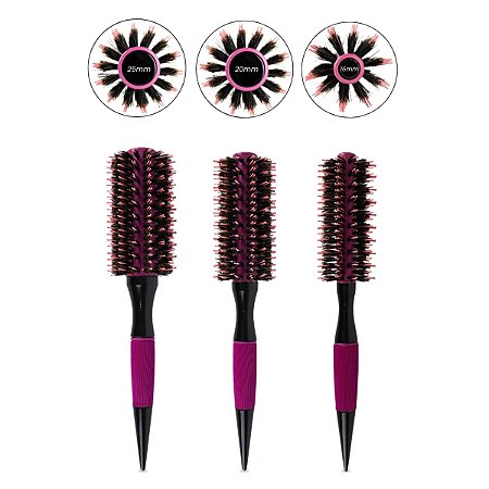 Kit 3 Escova de Cabelo Redonda Cerdas Duplas Térmica Rosa