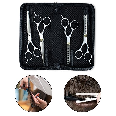 Kit 2 Tesoura Fio Navalha + 2 Tesoura Desbaste Corte Cabelo