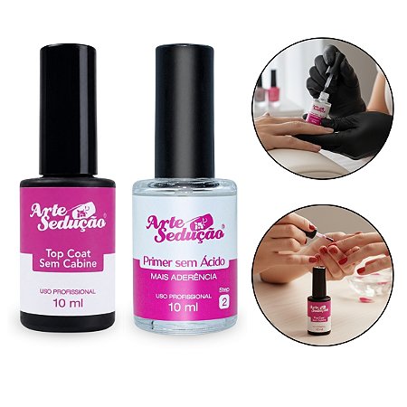 Top Coat Sem Cabine 10ml+ Primer Sem Ácido 10ml Arte Sedução