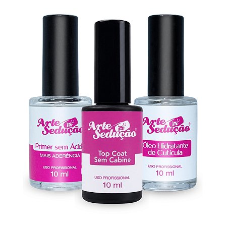 Kit Top Coat Sem Cabine+ Primer Sem Ácido + Óleo de Cutícula