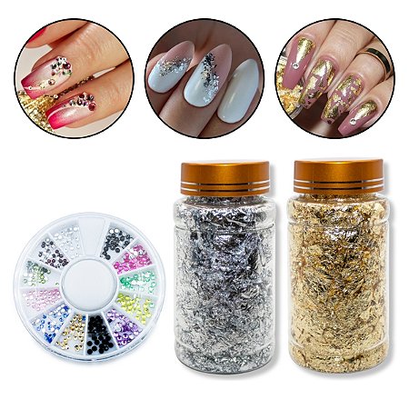 Kit 2 Pote Folhas Ouro Dourado e Prata + Disco Strass Unhas