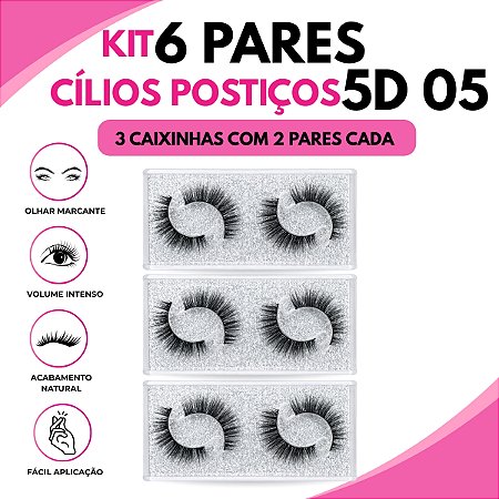 Kit 6 Pares Cílios Postiços 5D Efeito Gatinho Natural 10mm