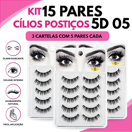 Kit 15 Pares Cílios Postiços 5D Volume Natural Gatinho 10mm