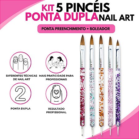 Kit 5 Pincéis Ponta Dupla Nail Art + Boleadores Pontilhismo
