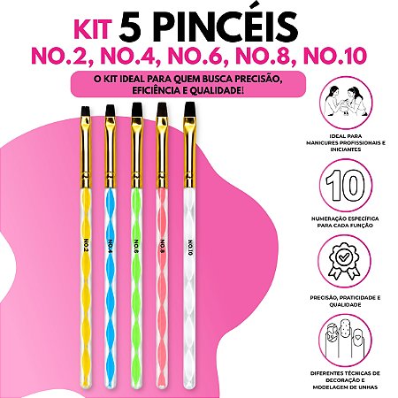 Kit 5 Pincéis Ponta Reta Decoração de Unha Nail Art Manicure