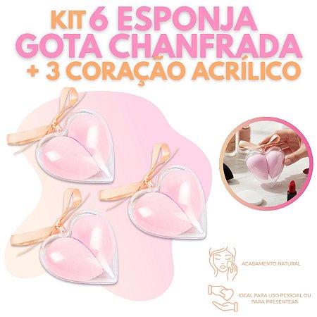 Kit 6 Esponja Gota Chanfrada + 3 Caixinha Coração Maquiagem