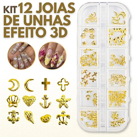 Kit 12 Joias 3D Unhas Nail Art Decoração Diversas Dourado