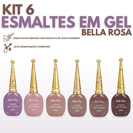 Kit 6 Esmaltes Gel UV/LED Nude Marrom Lilás Bella Rosa 20ml