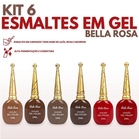 Kit 6 Esmalte em Gel Unha UV/LED Nail Art Nude Vermelho 20ml