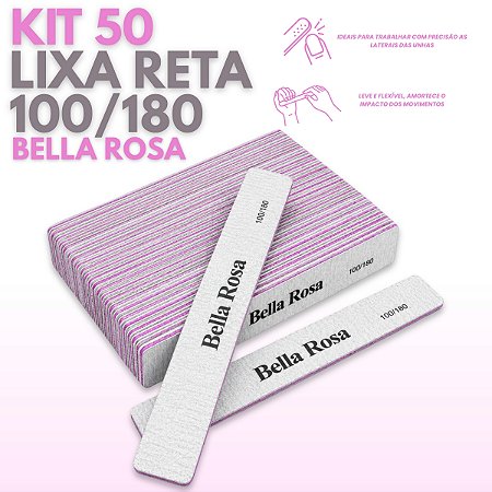 Kit 50 Lixa Unhas de Gel Reta Lavável 100/180 Bella Rosa
