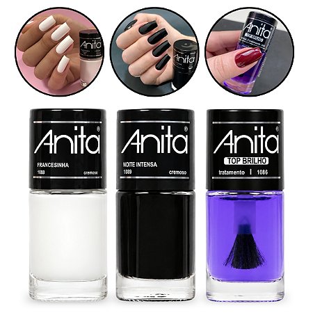 Kit Anita Esmaltes Branco + Preto + Finalizador Brilho 10ml