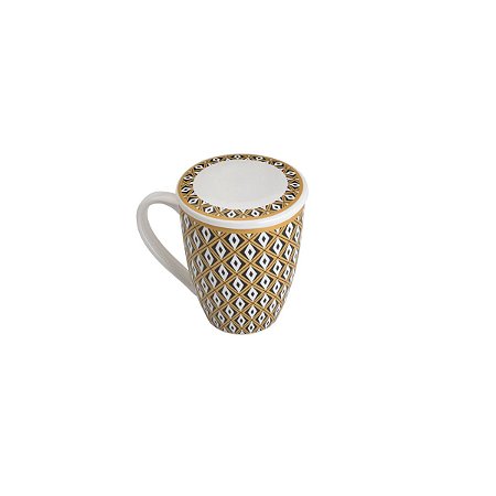CANECA PORCELANA TAMPA E FILTRO TEBAS PRETO/DOURADO 310ml