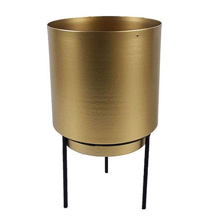 CACHEPOT EM METAL DOURADO COM SUPORTE PRETO 13CM X 13CM X 22
