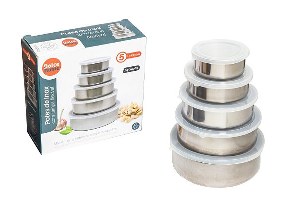 POTE DE INOX C/ TAMPA PLÁSTICA 5 PEÇAS