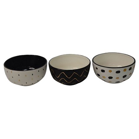 CONJ. DE BOLWS EM CERAMICA BRANCO, PRETO E DOURADO  3 PCS 14